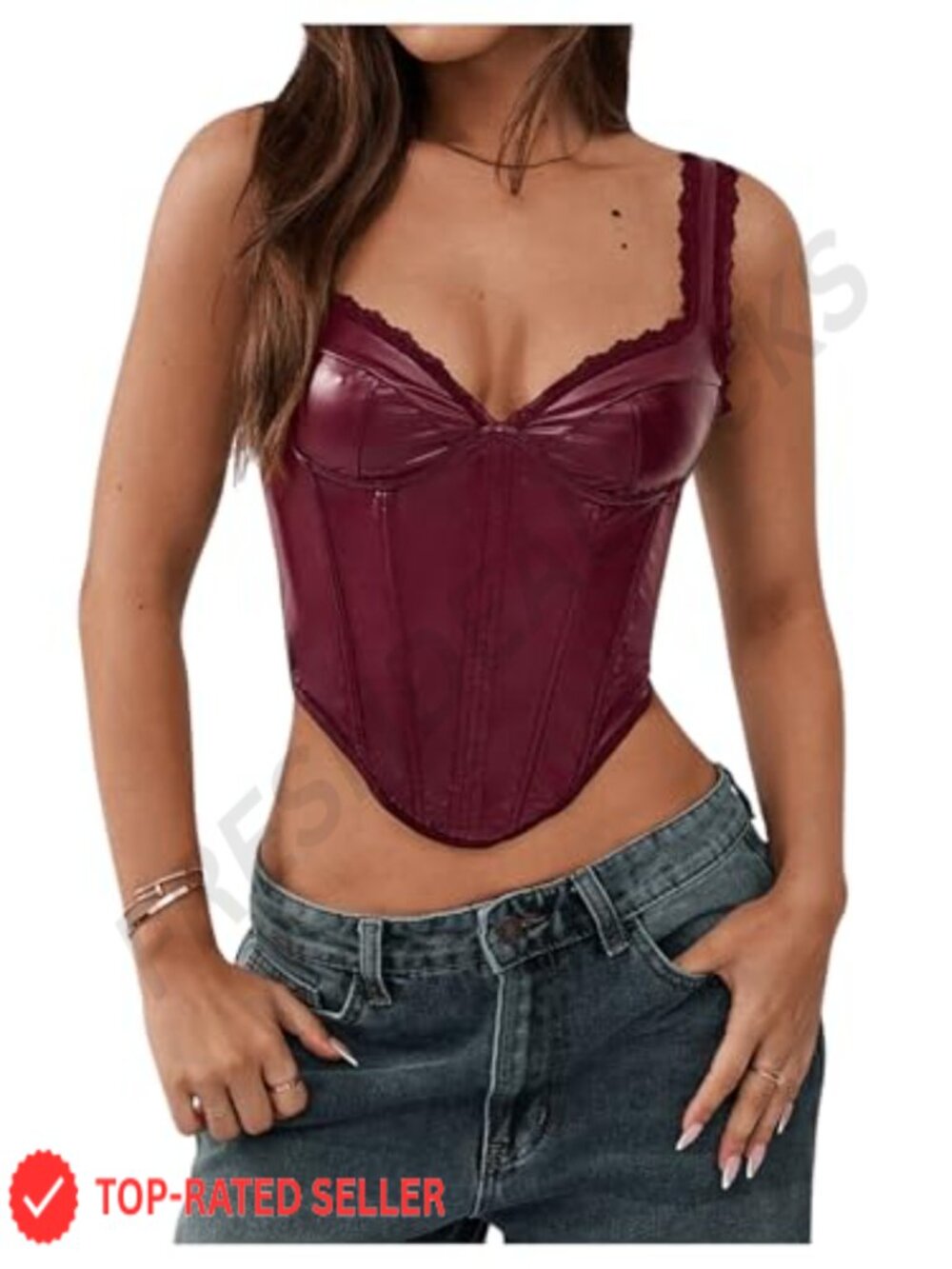 Faux Leather Sleeveless Crop Cami Top Asymmetrical Hem Corset